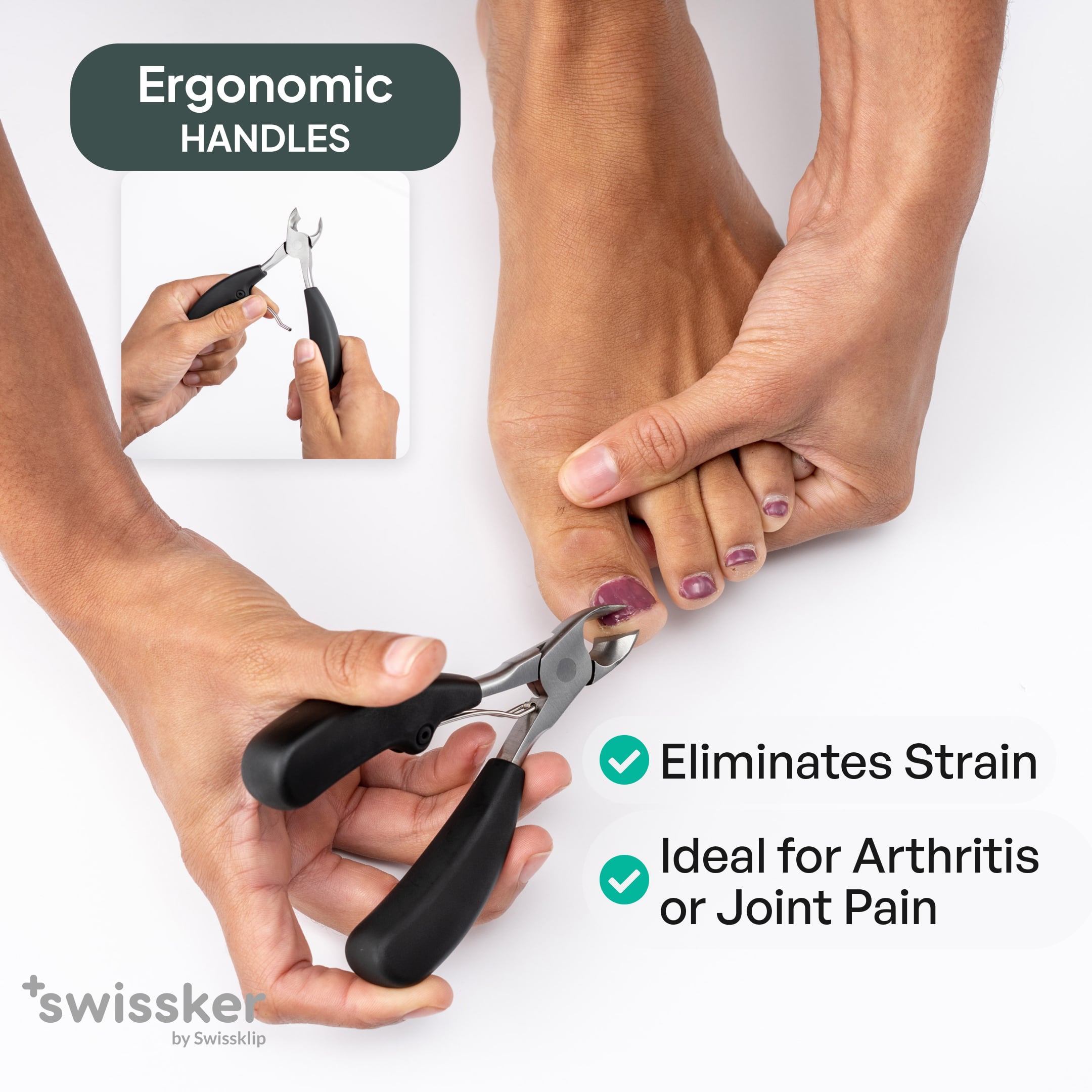 Woman using heavy duty toenail clipper. Inset: 'Ergonomic Handles,' showing flexibility. 'Eliminates strain,' 'Ideal for Arthritis/Joint Pain.